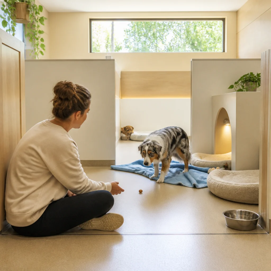 A caregiver helping a new boarding dog settle calmly