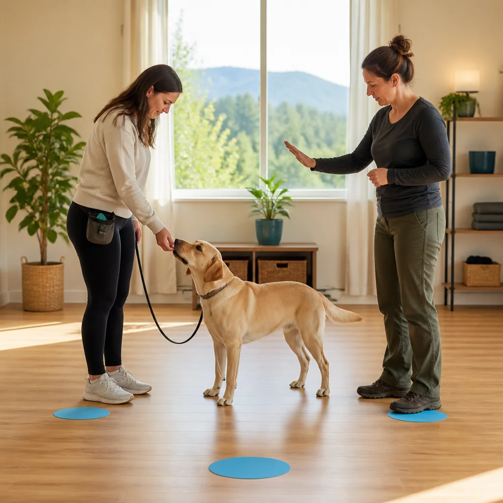 A dog trainer coaching the owner during practice
