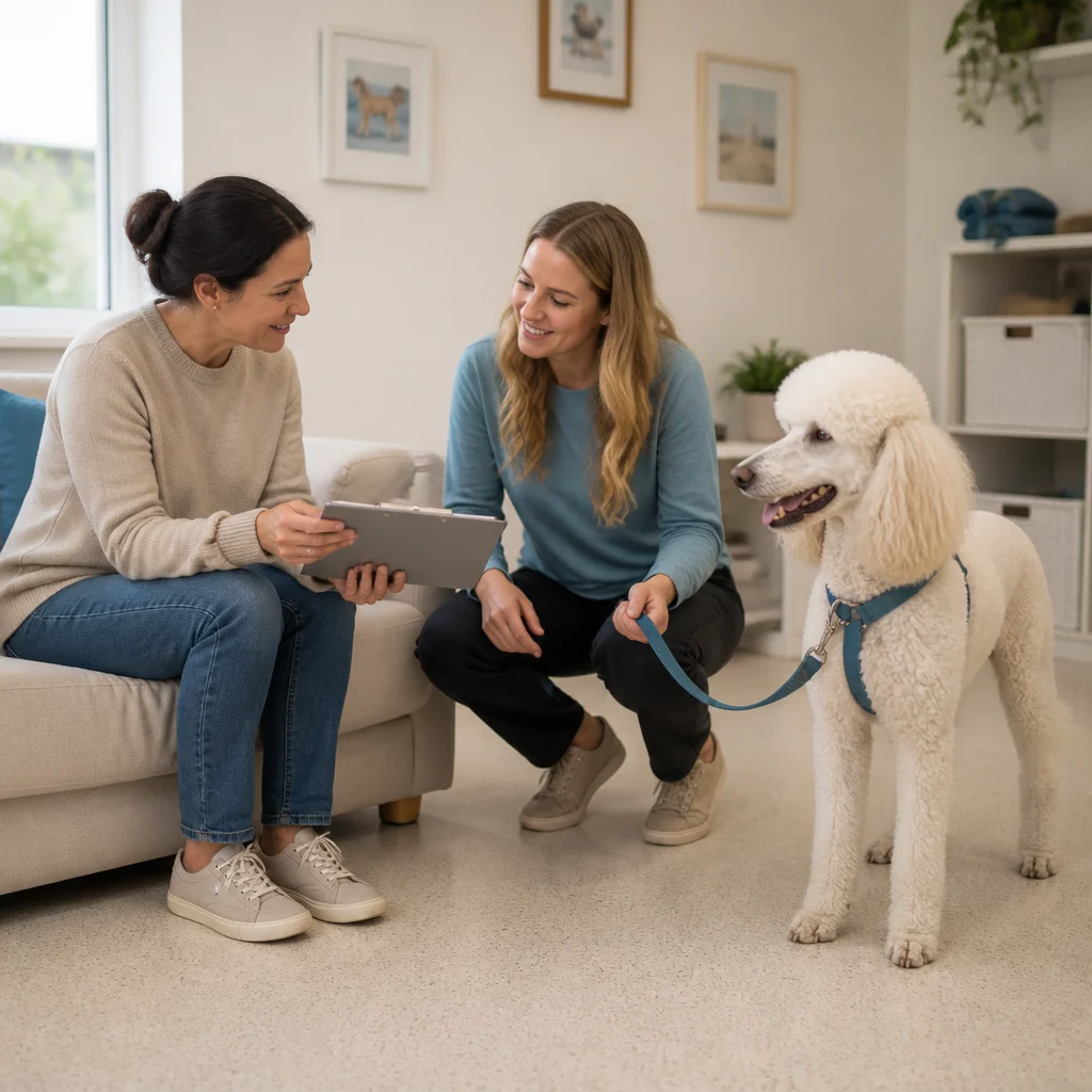 An owner and provider discussing fit while the dog remains relaxed