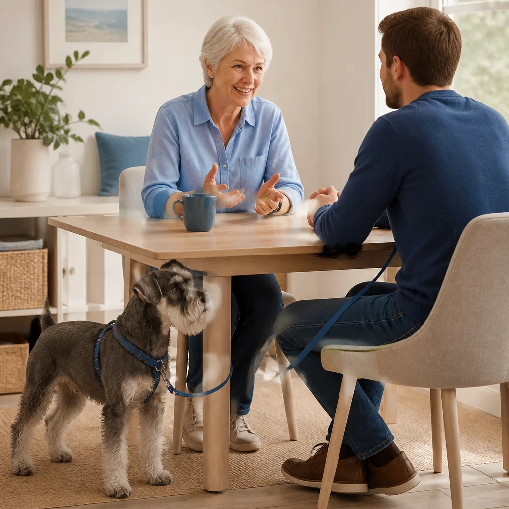 An owner and provider discussing the scope of care at an uncluttered desk with no readable paperwork