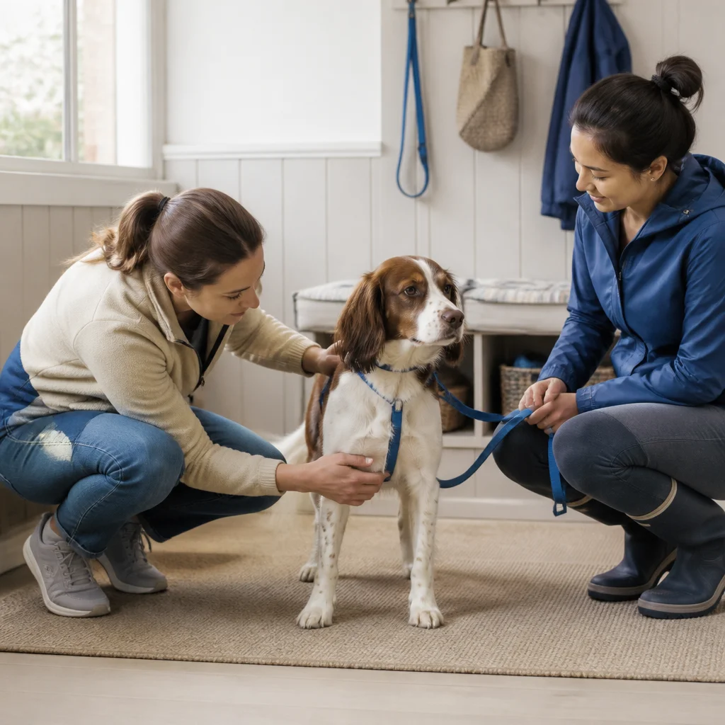 A caregiver assessing the dog’s coat, size, behaviour or individual care needs