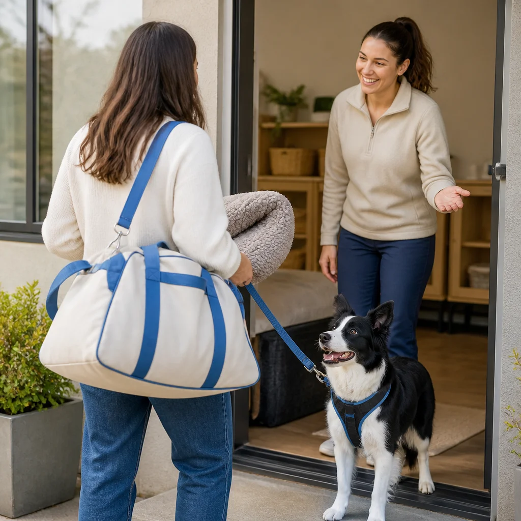 A calm dog arriving with familiar bedding while a caregiver welcomes the owner at a clean, unbranded boarding entrance