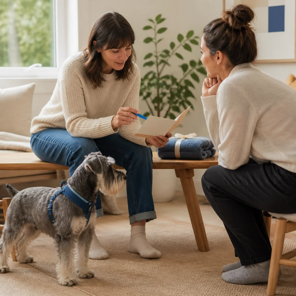 An owner thoughtfully preparing a dog-care experience for another dog owner
