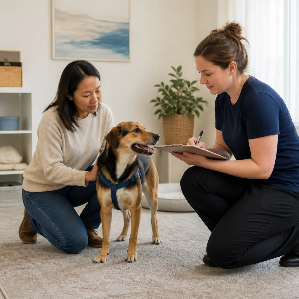 An owner and caregiver calmly reviewing individual needs