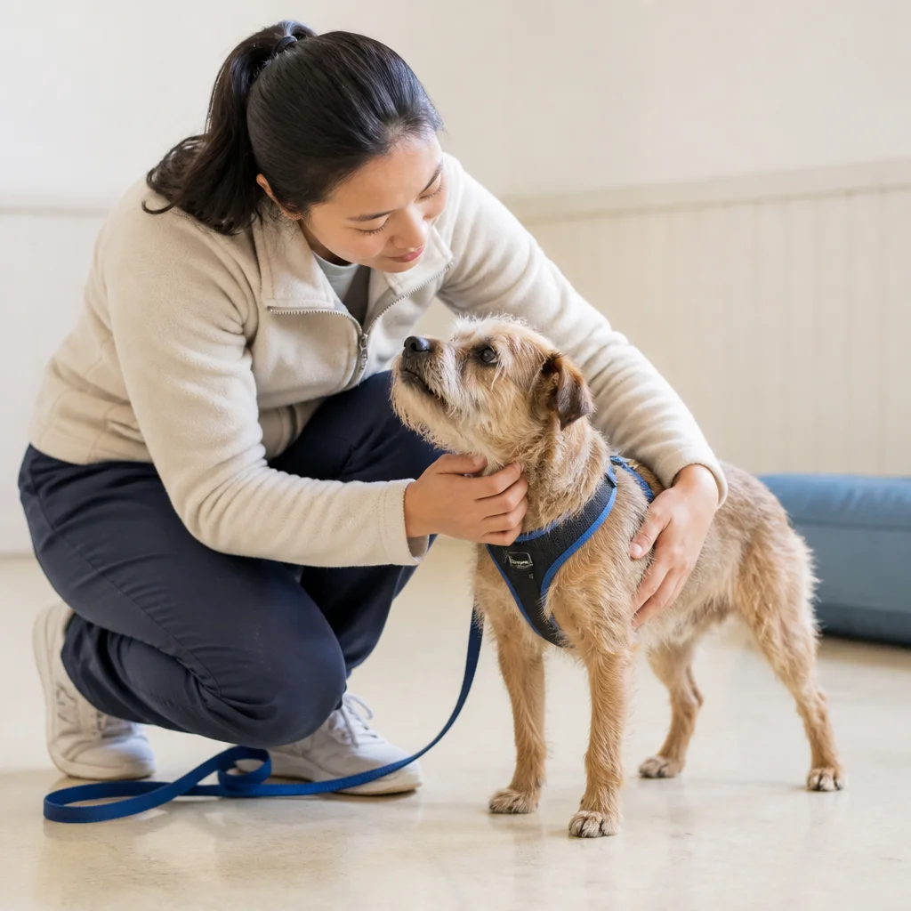 A caregiver assessing the dog’s coat, size, behaviour or individual care needs
