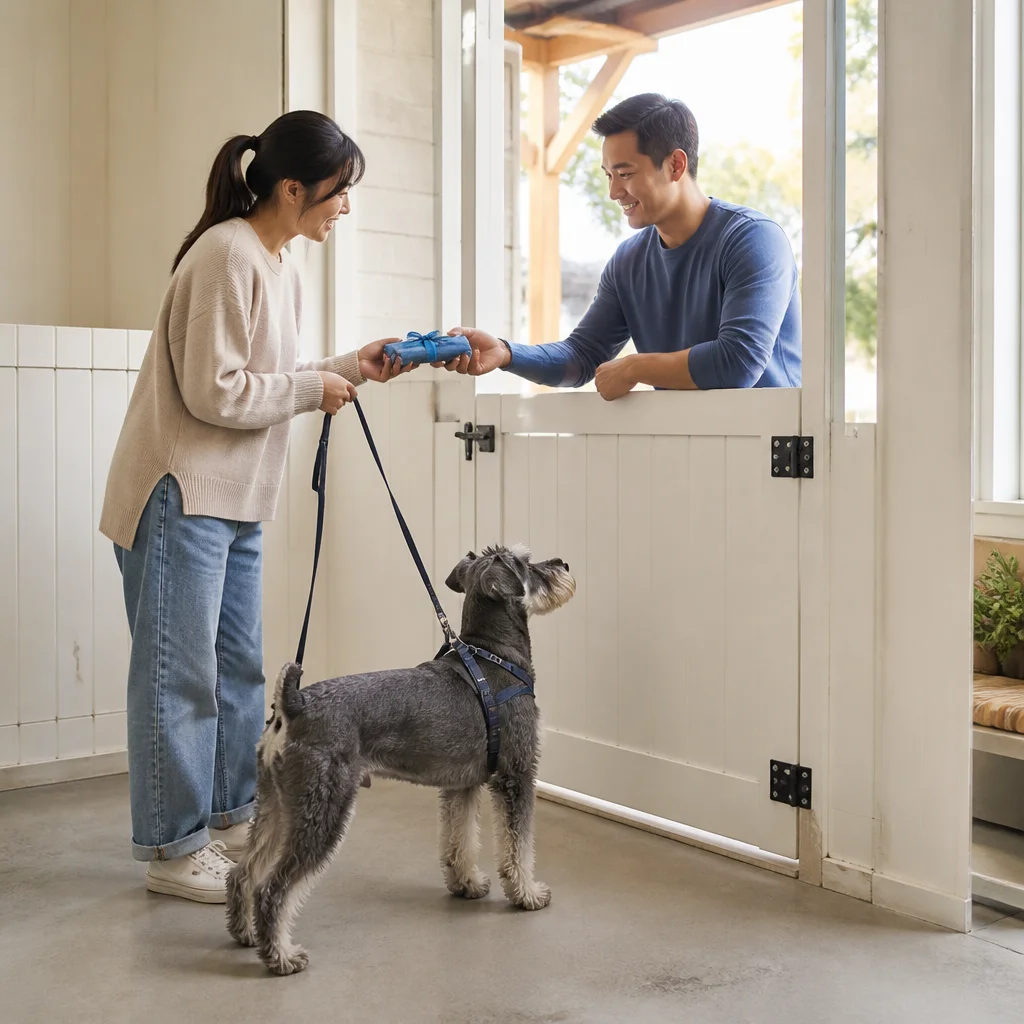One relaxed dog and one attentive caregiver beside a secure gate in a bright indoor-outdoor daycare space