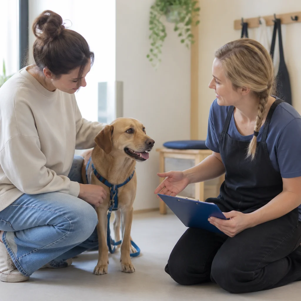 An owner and caregiver calmly reviewing individual needs