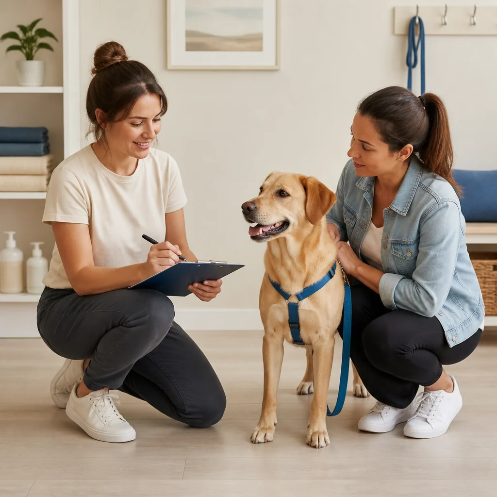 A caregiver reviewing the dog’s routine with the owner