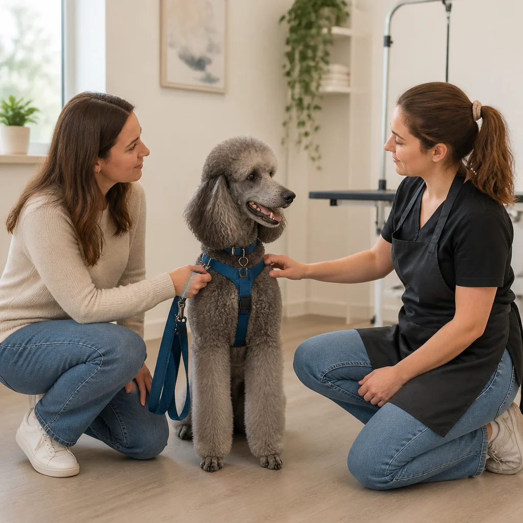 An owner and provider discussing fit while the dog remains relaxed