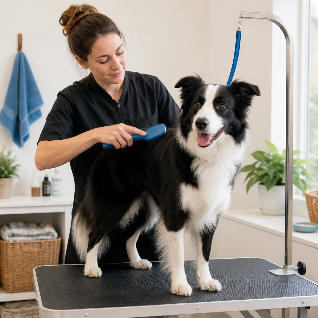 A patient groomer gently brushing a relaxed dog at a clean grooming table
