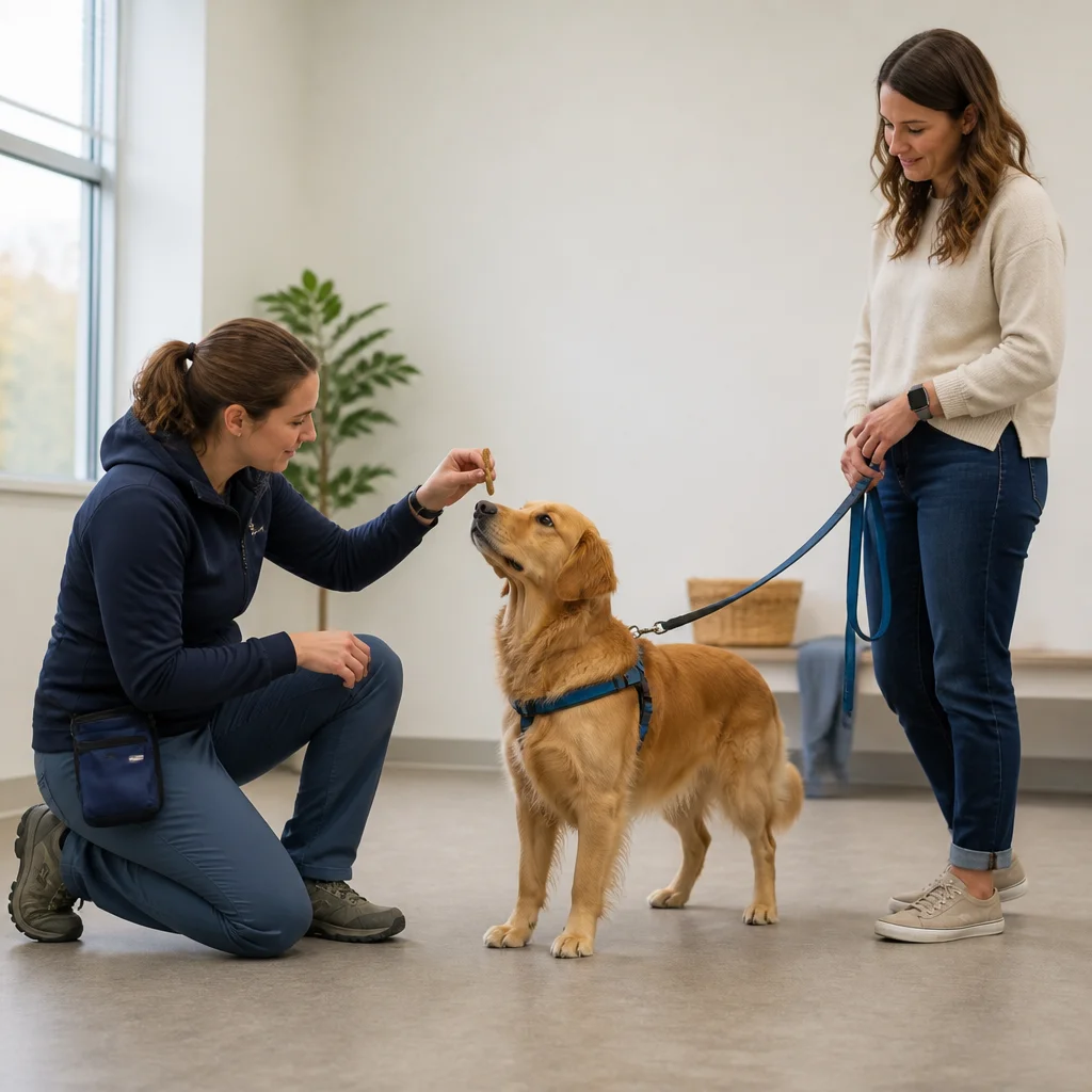A reward-based trainer demonstrating a simple skill with a food reward while coaching the owner and keeping the dog relaxed