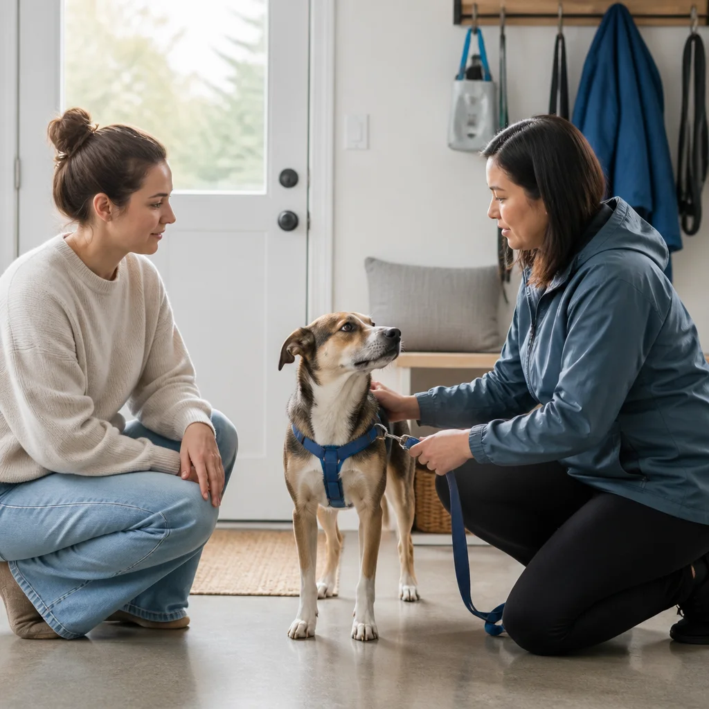 An owner and caregiver calmly reviewing individual needs
