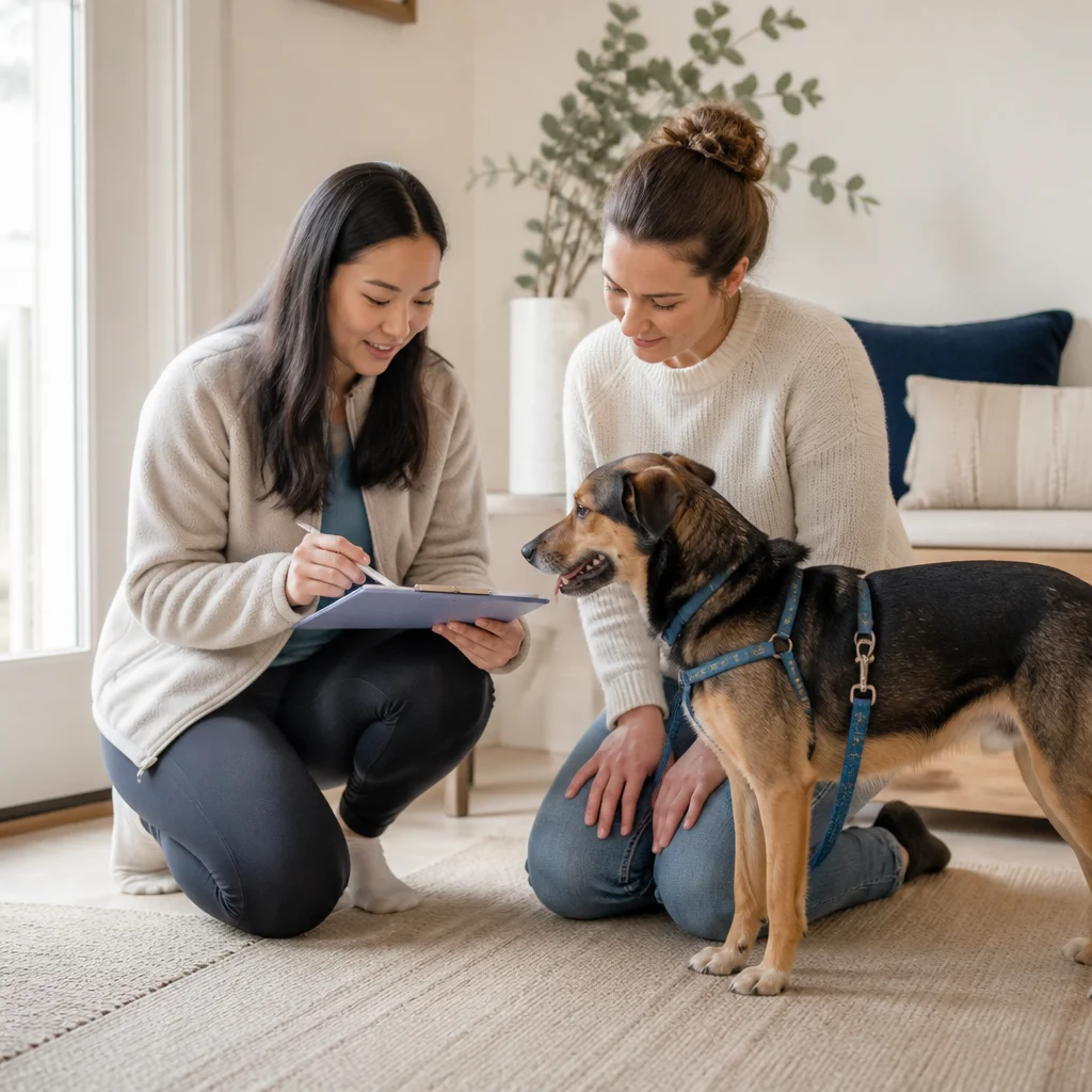 A caregiver reviewing the dog’s routine with the owner