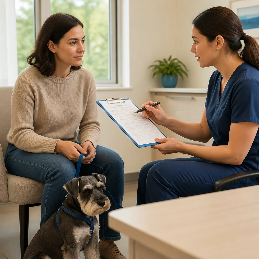 A calm puppy beside its owner during a veterinary consultation