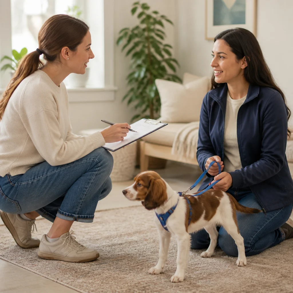 A caregiver discussing health requirements with the owner