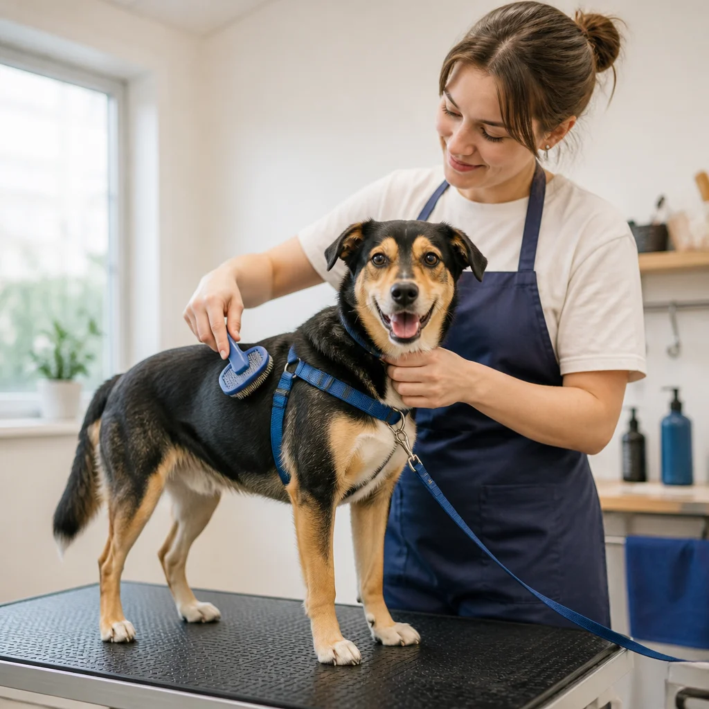 A dog receiving gentle coat brushing in a clean grooming space