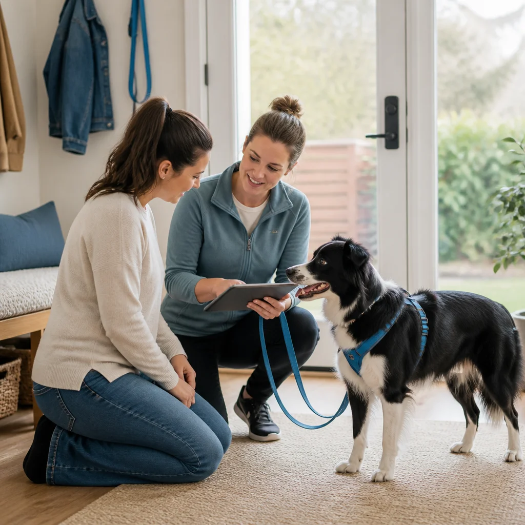An owner and provider discussing fit while the dog remains relaxed