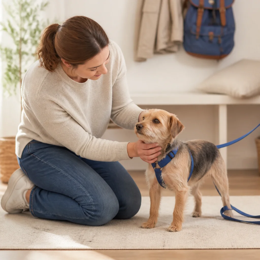 A caregiver assessing the dog’s coat, size, behaviour or individual care needs