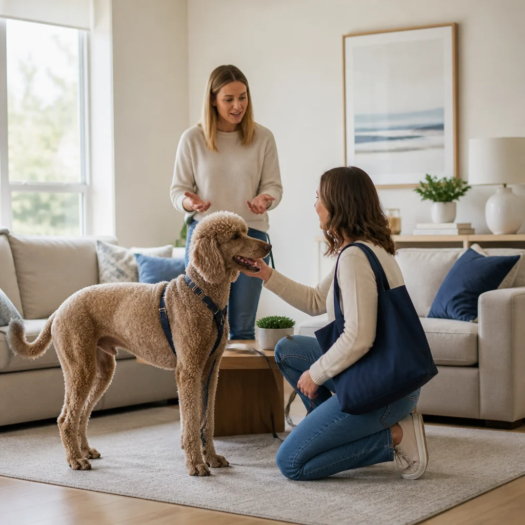 A pet sitter greeting a relaxed dog in its familiar living room while the owner explains the routine