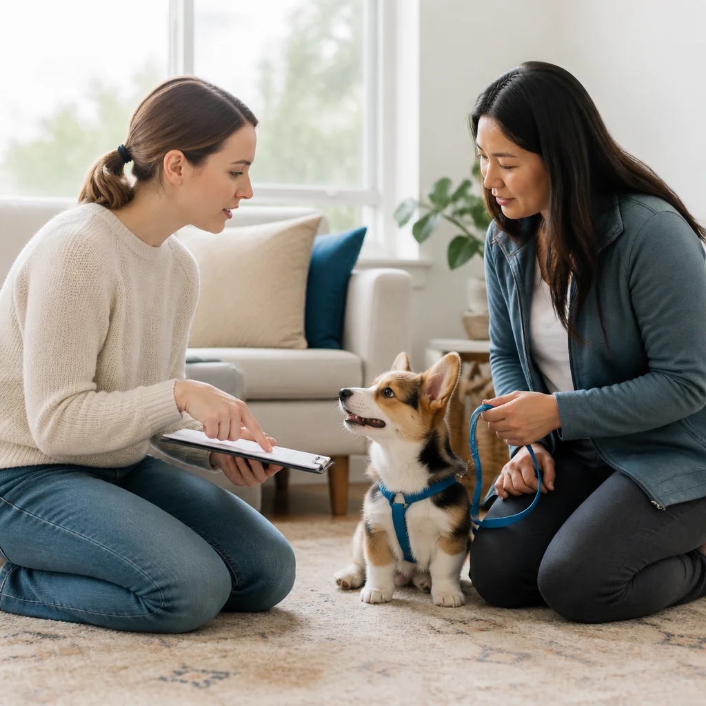A caregiver reviewing the dog’s routine with the owner