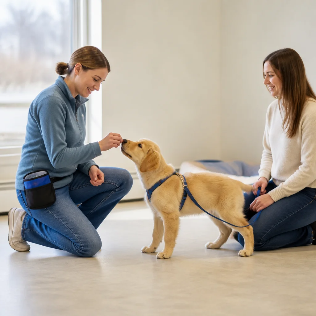 A visibly young puppy earning a small food reward for calmly focusing on a trainer beside its owner
