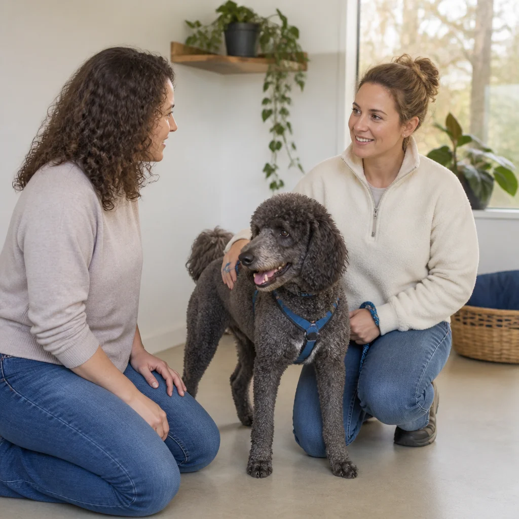 Owner and caregiver sharing a relaxed post-visit update